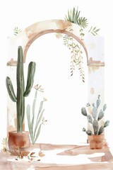 Watercolor painting of a cute Mexican style archway decorated with small neutral flowers and 1 potted cactus, on white background, generated with AI