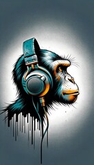 Side View Monkey Wearing Headphones Drawn with Pencil and Spray Paint