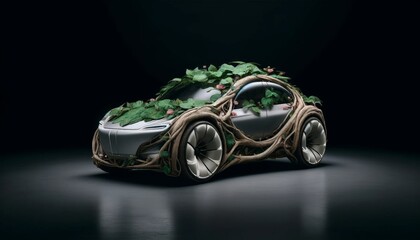 Organic Plant Car with Branch Wheels and Flower Headlights