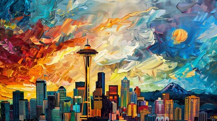 painting of the Seattle skyline, Space Needle, generated with AI