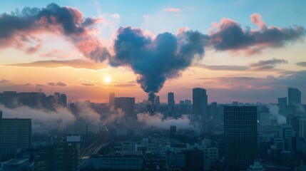 Photo of heart shaped cloud in the sky over tokyo, shot on sony alpha a7 iv camera, smoke rising from city buildings, realistic, cinematic , generated with ai