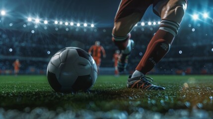 Naklejka premium Soccer player's leg resting his foot on the soccer ball, in the background is the stadium at night, generated with AI