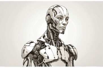 Naklejka premium Drawing of a robot on an isolated white background, black and white tones