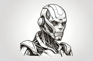 Drawing of a robot on an isolated white background, black and white tones