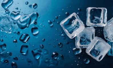 Ice cubes on a blue background, close-up