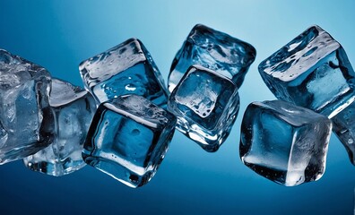 Ice cubes on a blue background, close-up