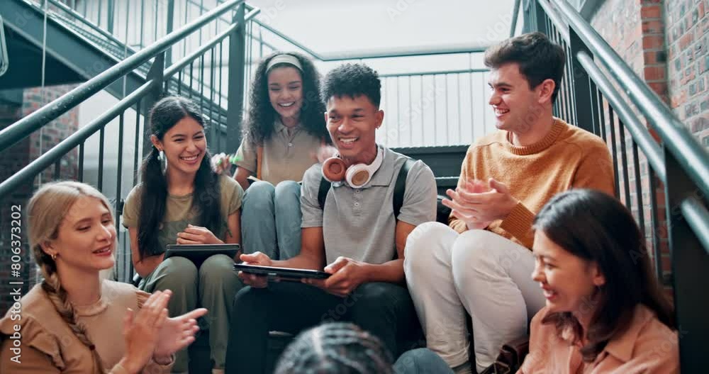 Sticker High five, stairs and group of students clapping in college with celebration, smile and good news for scholarship. University, applause and friends with diversity, support or happiness for passing