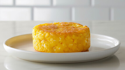 Authentic colombian arepa de choclo served on a plain white plate, showcasing the typical golden-yellow color and texture of this classic dish