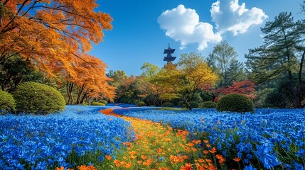 Showa Kinen Park In japan in full bloom blue flower hill, generated with AI