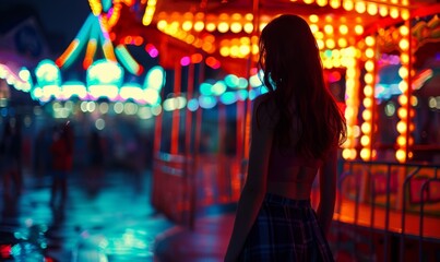 Obraz premium A fashionable woman walks in the carnival amusement park at night, generated with AI