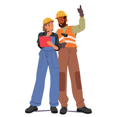 Male And Female Builder Characters In Hard Hats And Hi-vis Vests, Collaborating Over A Clipboard, Symbolizing Teamwork