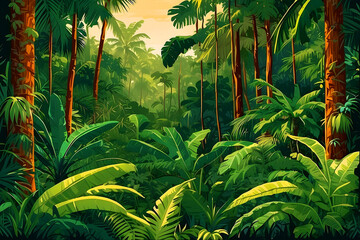 Tropical jungle scene on a horizontal plane. View of a thick forest covered in lianas and palms from above.