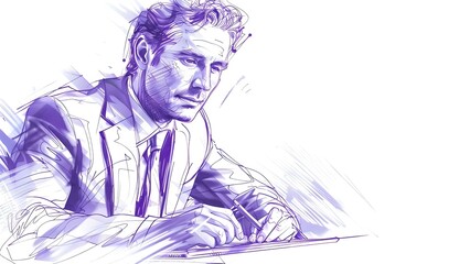 Pen ink drawing of detailed businessman in classic suit with graph tablet. Concept Art & Design, Business, Illustration, Cross-Hatching, Professional Attire