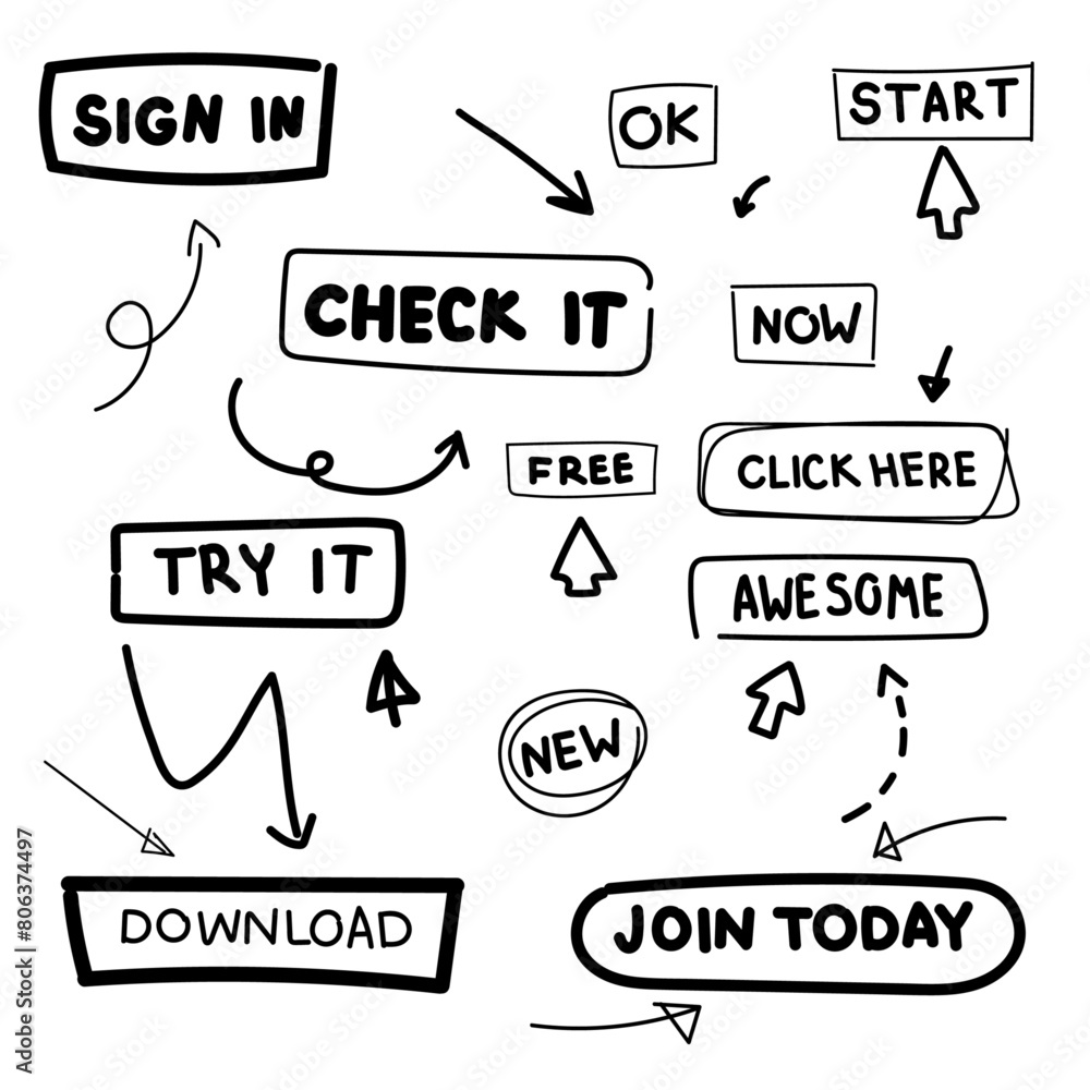 Poster doddle call to action button with arrows. hand drawn cta buttons click here, check it, try it. doddl