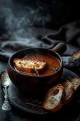 Soup with bread on top, in the style of dark bronze and red, soft edges and blurred details , generated with ai