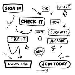 Doddle call to action button with arrows. Hand drawn CTA buttons click here, check it, try it. Doddle line black arrows.