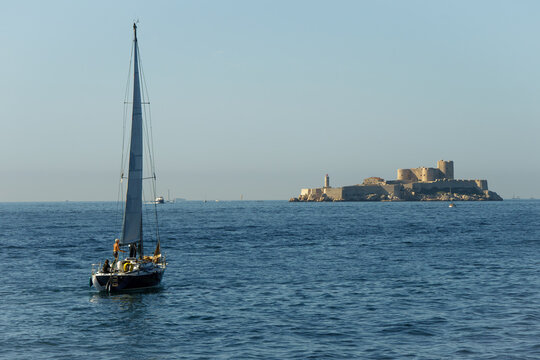 Sailing in Marseille France with the Chateau d'If in the background, copy space
