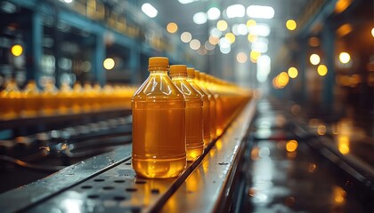 Bottling plant. Production line with bottles of vegetable oil. Conveyor belt.