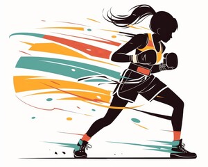 A female boxer with a determined look on her face is throwing a punch. She is wearing boxing gloves.