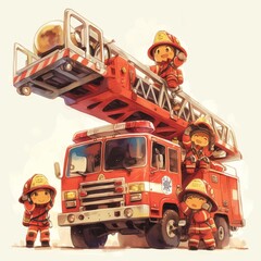 A fire truck with a ladder and a crew of firefighters. The firefighters are wearing yellow and red uniforms and are ready to put out fires.