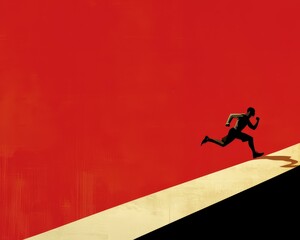 A runner is running on a red background. The runner is wearing a black shirt and shorts. The runner is running towards the viewer.