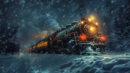 Train frozen in a blizzard, glowing in the night , generated with ai