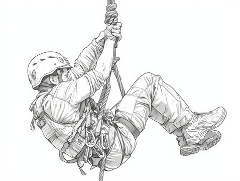 A sketch of a man rappelling down a rope. He is wearing a helmet and safety gear.