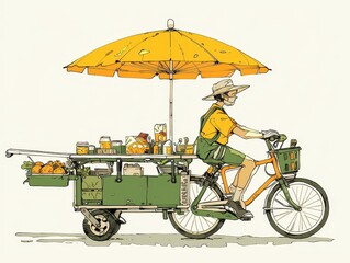 An illustration of a man riding a bicycle and selling food from a cart. - obrazy, fototapety, plakaty