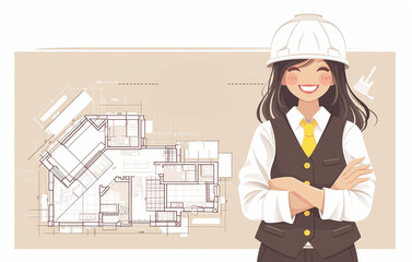 Confident female engineer or architect in hard hat standing with crossed arms next to large blueprint. Vector illustration in flat cartoon style.