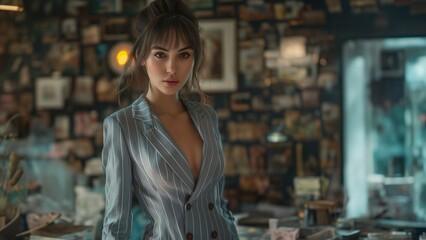 Hübsche Business Escort Dame im Anzug blickt sexy