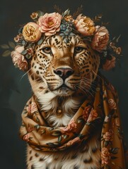 Vintage oil painting of a royal leopard portrait, with flowers on its head wrapped in silk, vivid colors, style of an oil painting, generated with AI