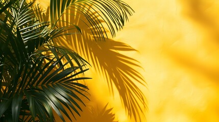 Shadows of Tropical Plants on a yellow Plaster Wall. Exotic Background for Product Presentation