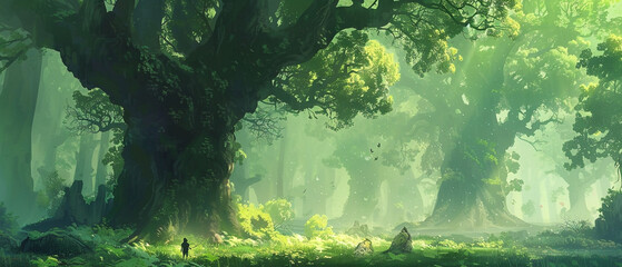 Enchanting misty forest filled with towering trees and mysterious hidden creatures lurking within.