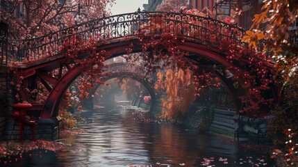 Ultra-realistic image of a crimson bridge, its ironwork enveloped by flowering vines over a quiet river