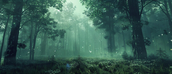 Enchanting forest shrouded in mist, colossal trees towering above and secretive creatures lurking within.