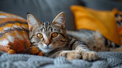 A cat with striking yellow eyes and a beautifully patterned fur coat in shades of brown and gray. The cat is lying comfortably on a textured gray blanket.
