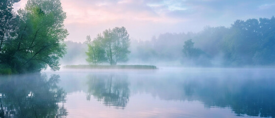 Peaceful lake at dawn, wrapped in mist with a serene and tranquil atmosphere around.