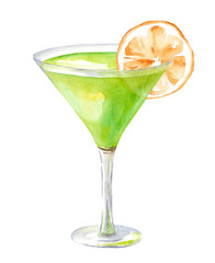 Watercolor cocktail in a glass goblet. Illustration of alcohol with a slice of lemon isolated on a white background. Bar design and menu.