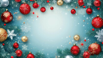 Festive Christmas border with pine branches, red ornaments & snowflakes - perfect for holiday cards, invites & seasonal marketing
