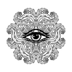 All seeing eye in ornate round mandala pattern. Mystic, alchemy, occult concept. Design for music cover, t-shirt , boho poster, flyer. Astrology, shamanism, religion. Coloring book pages for adults.