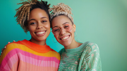 Young cheerful female couple in studio. LGBTQ girls, black women.