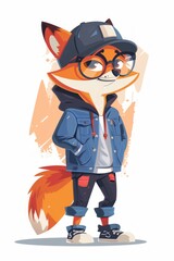 Obraz premium Stylish Hipster Fox Character Wearing Glasses and Denim Jacket with Urban Swag.