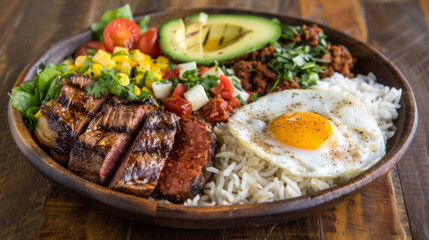 Authentic colombian bandeja paisa with grilled steak, chorizo, rice, avocado, egg, plantain, beans, and fresh vegetables on a wooden table