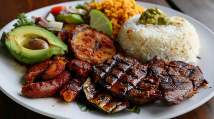 Traditional colombian dishes with grilled meat, rice, plantains, avocado, and a hint of lime on a rustic wooden backdrop