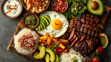 Authentic colombian cuisine displayed on a wooden board, featuring grilled meat, beans, rice, avocado, eggs, and fresh accompaniments