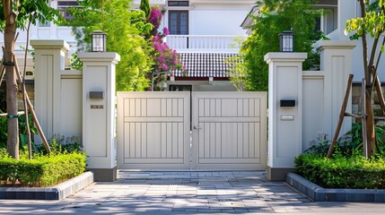 modern door gate of white two storey house driveway entrance gates home access garage in suburb