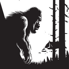 Bigfoot Looking at Campsite Silhouette Vector