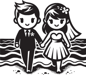 Cute Couple Just Married Beach Vector Illustration