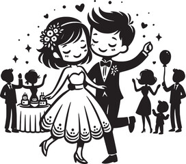 Cute Couple Just Married Dancing Vector Illustration