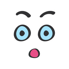 Surprised cute face with shock and fear expression, doodle style vector illustration